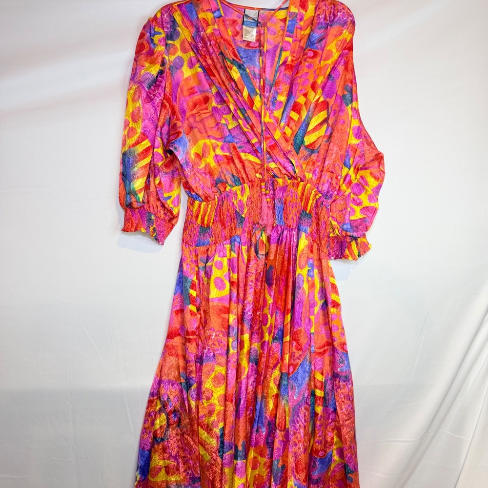 Montage Dimensions Vintage Abstract Psychedelic Maxi Dress Pink Orange Yellow D3
